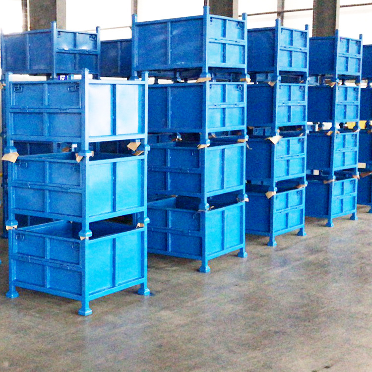 折叠铁板箱 堆垛式钢制料箱 金属周转箱零售 金属仓储笼铁框批发