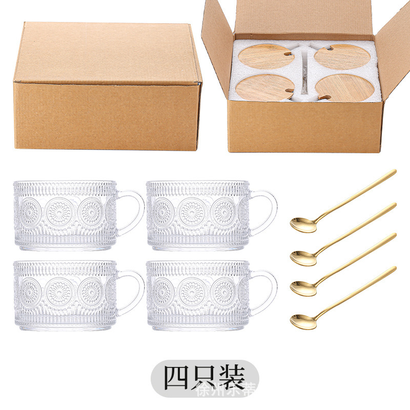 Inventario de alto valor retrógrado flor de sol relieve taza de leche de desayuno taza de avena con tapa con cuchara taza de ensalada