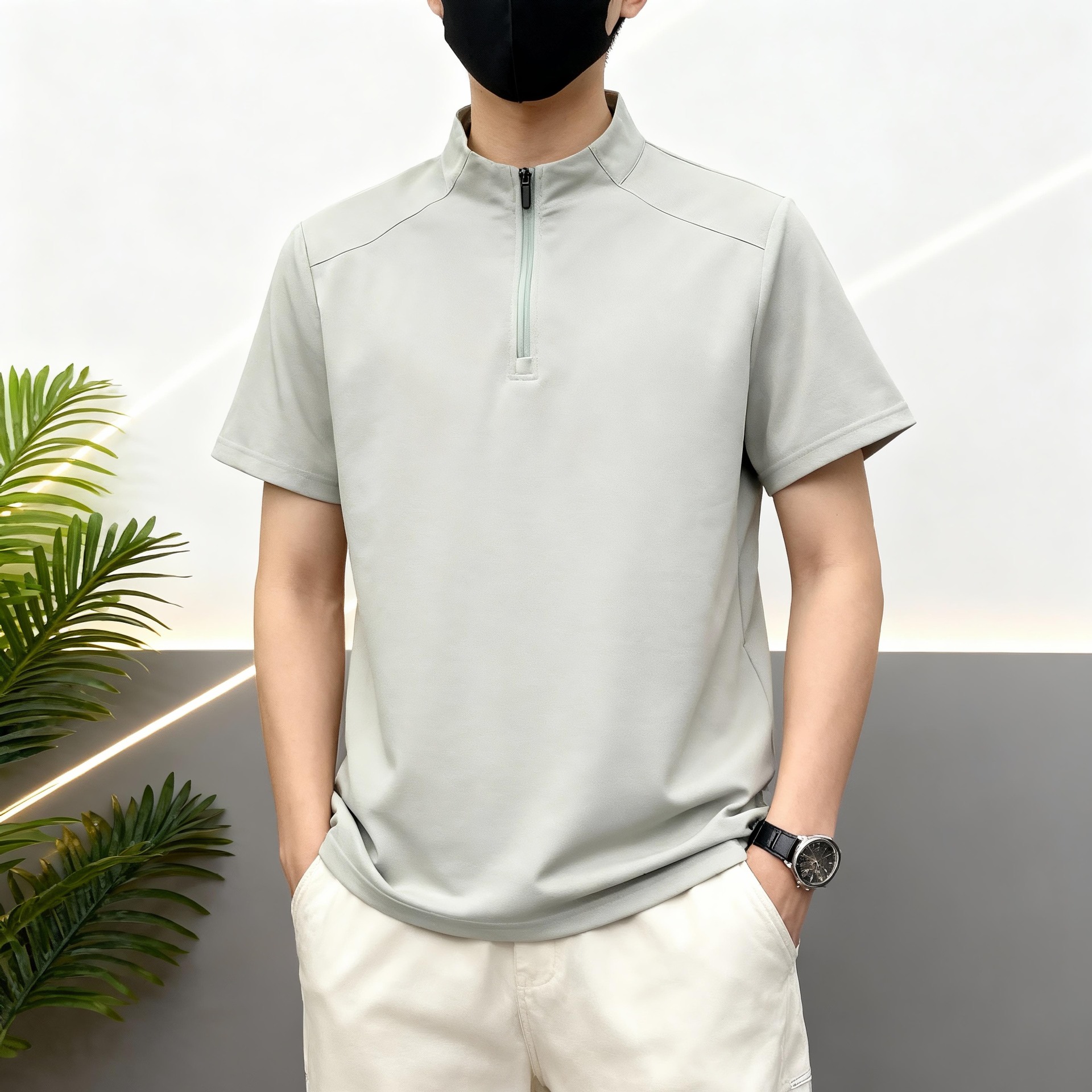 Transfronterizos al aire libre para hombres secado rápido camiseta de manga corta para hombres 2026 verano delgado cuello medio cremallera camiseta casual transpirable