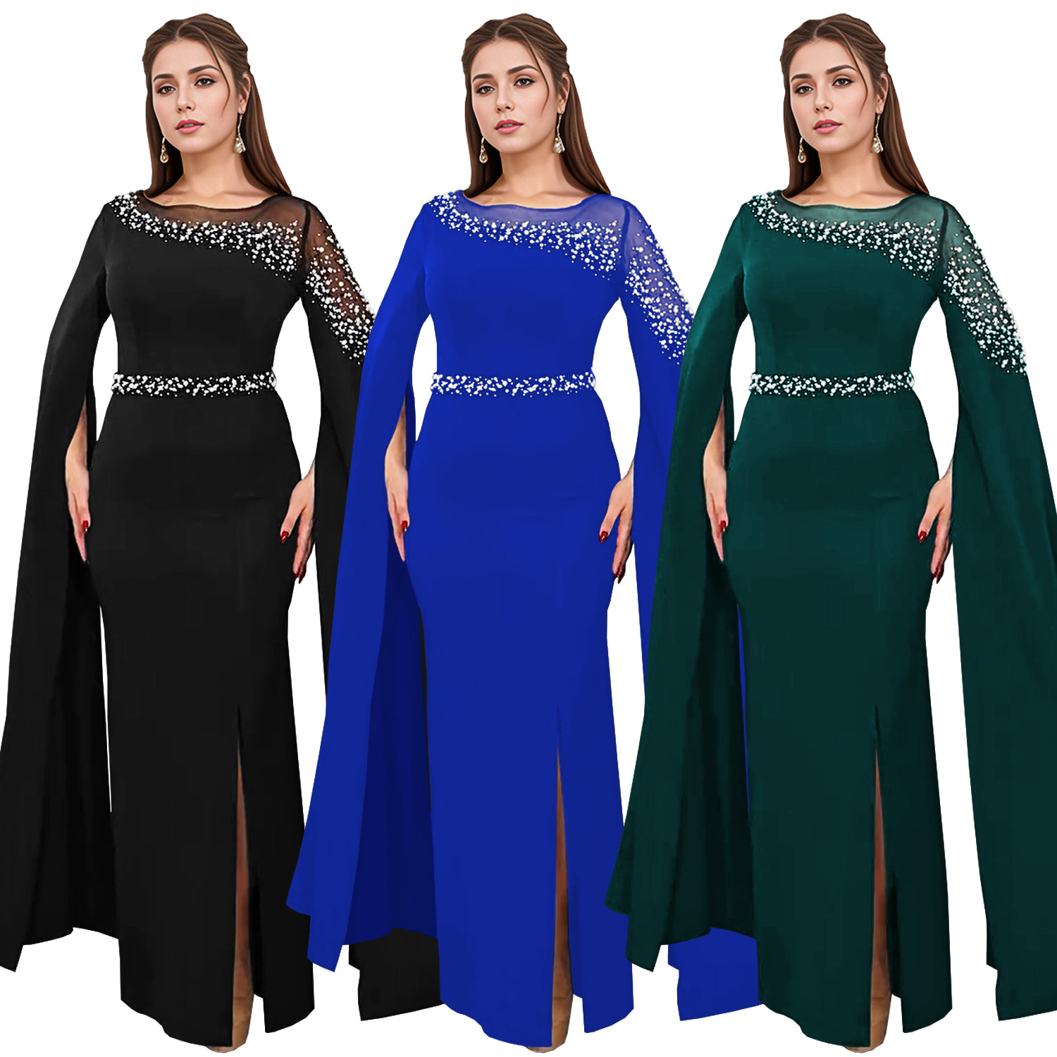 Vestido de noche con mangas tipo capa y pedrería, estilo europeo y americano, de AliExpress y Amazon, para envíos internacionales, modelo C7303.