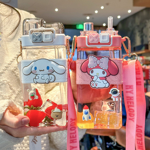 Internet celebrity Sanrio cartoon plastic cup portable cartoon double drinking straw cup tritan children's outdoor drinking kettle
