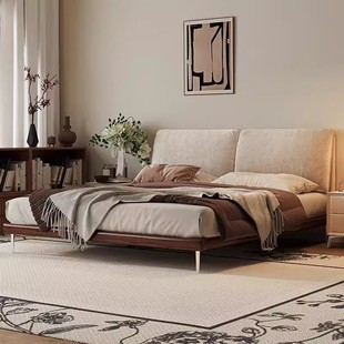 Chenille Fabric Bed with Small Elephant Ears Floating Headboard, Luxurious Mid-Century Style Solid Wood Upholstered Double Bed for Master Bedroom