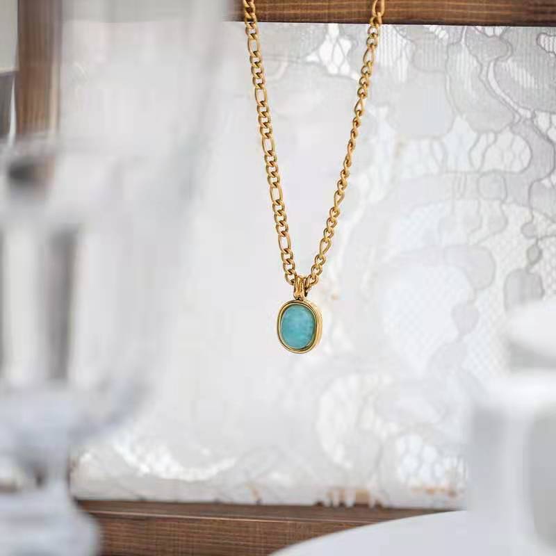 Retro Oval Titanium Steel Plating Natural Stone Pendant Necklace