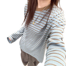 慵懒风针织衫女2025新款宽松韩系早秋季穿搭条纹薄款长袖t恤上衣