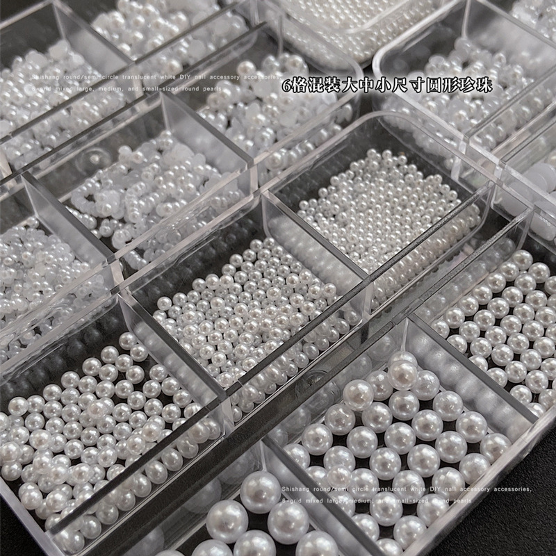 500 Pieces + High-Gloss Pearl Nail Art Jewelry Pure White Mixed Size Nail Diamond Texture Round Pearl Nail Art Full Set