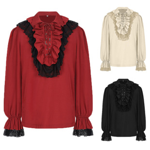 Retro Cuffs Neckline Ruffled Drawstring Long-Sleeved Shirts for Men and Women European and American Ins Popular Personalized Palace Shirts Trendy
