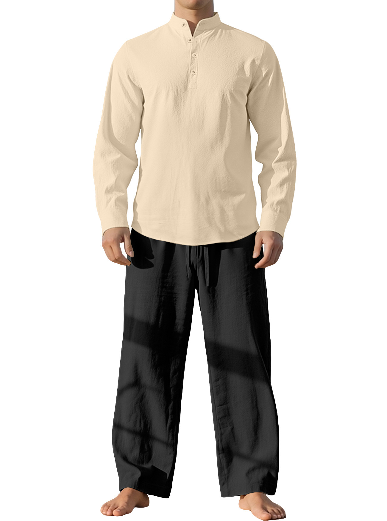 Nuevo transfronterizo Europa y América primavera y otoño delgada camisa de mangas largas deportiva de cuello vertical camisa de color sólido de algodón y lino para hombres