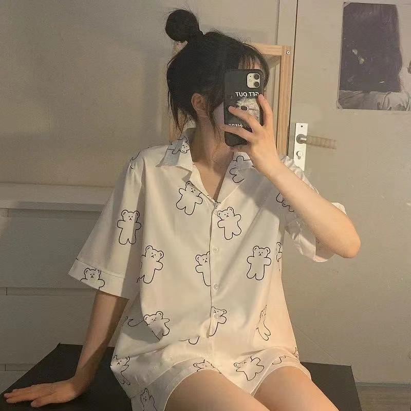 Pantalones cortos de manga corta de verano, pijamas de rebeca, damas, estilo de princesa de estudiante coreano, traje de casa de dibujos animados dulce y lindo