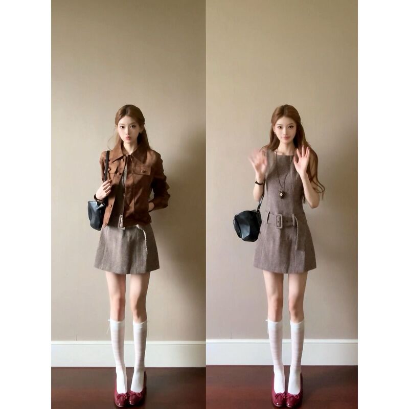 Stylish and elegant women's early autumn new collection: retro plaid vest dress, versatile short jacket, and two-piece set