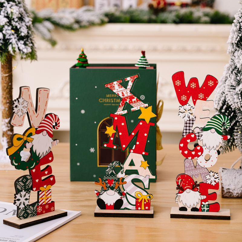 国境を越えた新しいクリスマスのデスクトップ装飾品プリント木製装飾品小人老人英語装飾品デスクトップ装飾品|undefined