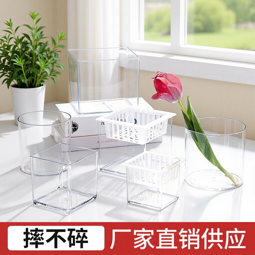 Transparent Square Vase Water-raising Green Plant White Palm Fleshy Square Cup Flower-arranging Hydroponic Flower Pot Desktop Simple Ornaments Florist