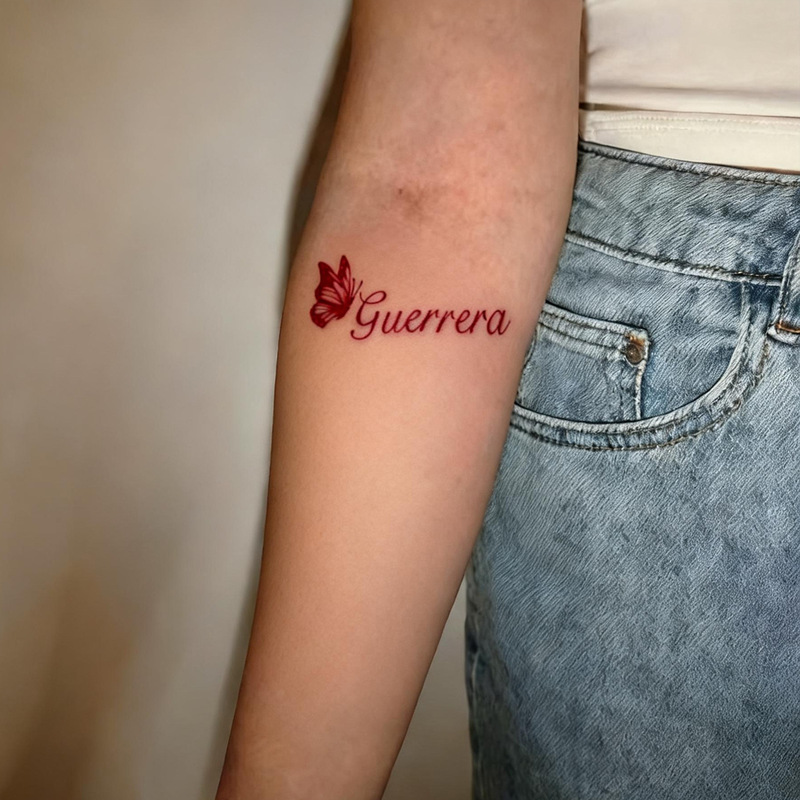 Red Butterfly Flower English Tattoo Sticker, Simple and Gentle Waterproof Temporary Sticker for Forearm
