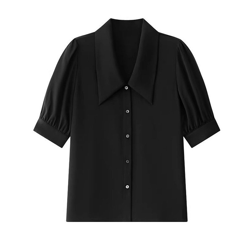 Áo sơ mi nữ cổ nhọn tay ngắn chất liệu chiffon phong cách Pháp — màu đen, xanh lam, màu trắng