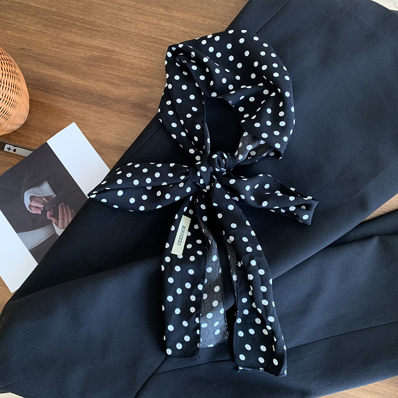 Bufanda de seda para mujer, banda larga, sensación de alta calidad, bufanda de seda de lunares simple retro, bufanda de cinta multiusos, diadema, cinturón para el cabello