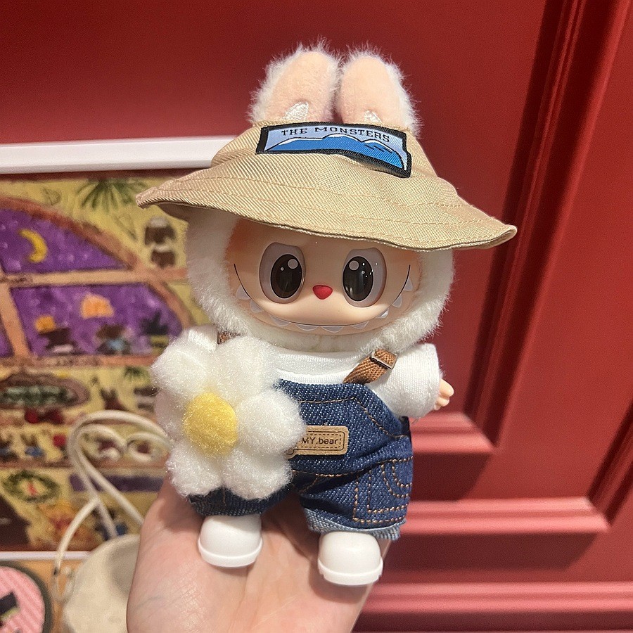 First, Second, and Third Generation Labubu Doll Clothes, Xiaochunye Co-Branded Spring Outing Labubu Overalls, Fisherman Hat Suit Wholesale