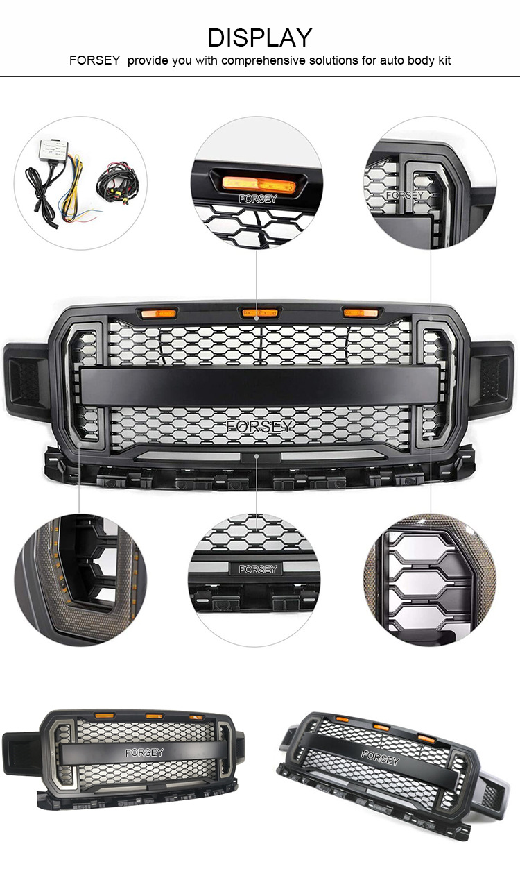 Suitable for 18-19 Ford Raptor F-150 front grille with lights and front bumper center mesh