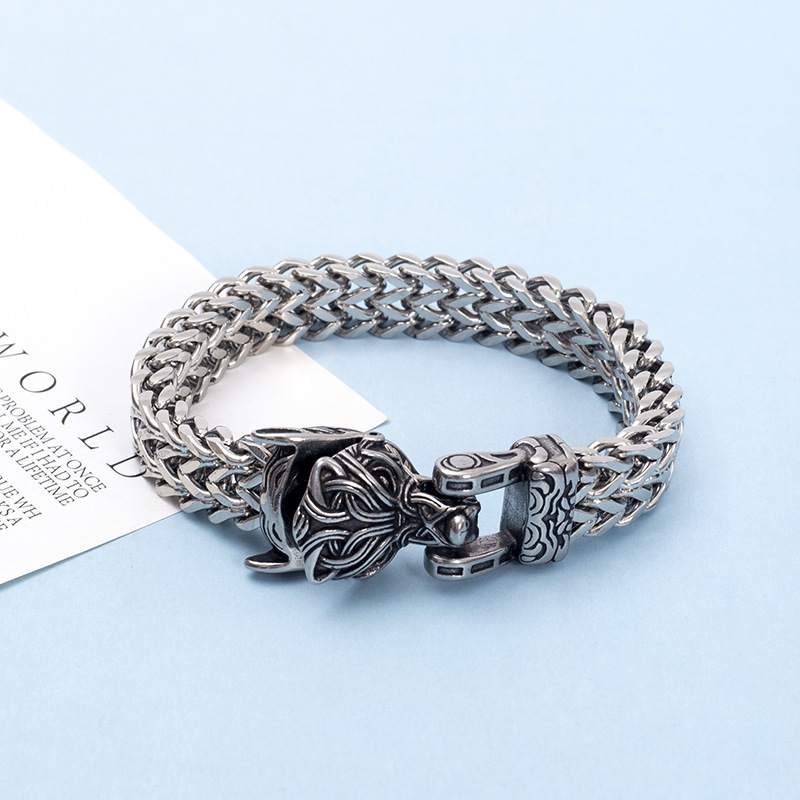 Cross-Border E-Commerce Goods Nordic Mythology Titanium Steel Retro Personality Viking Wolf Head Double-Layer Bracelet Men's Domineering Bracelet