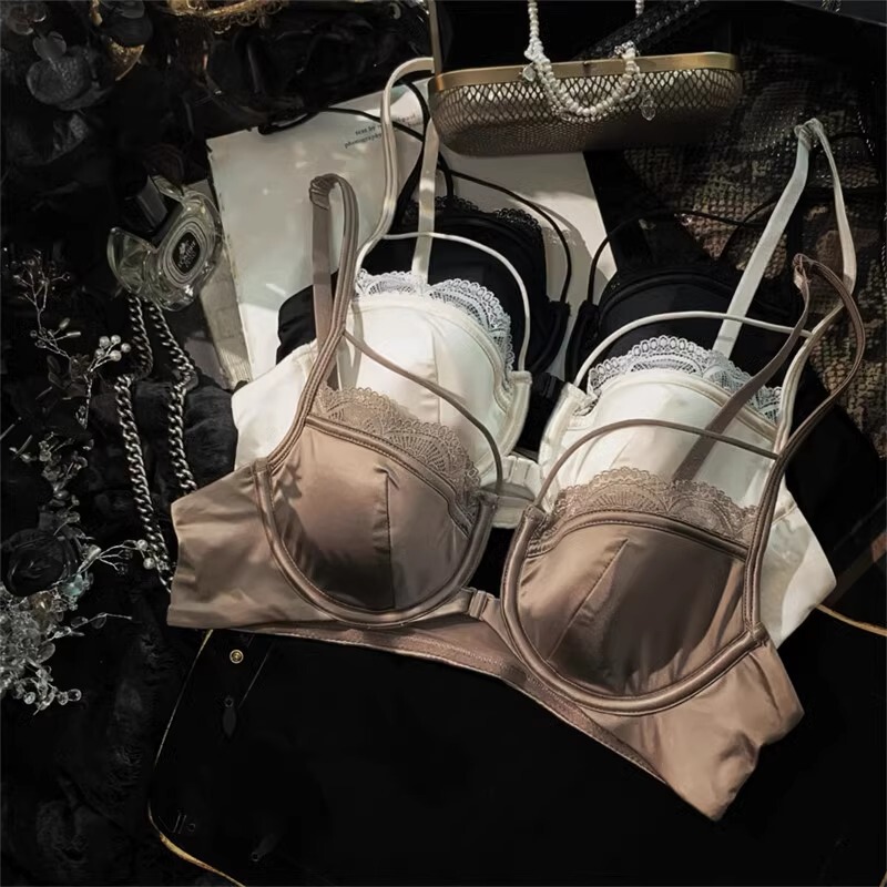 French Style Pure Sexy Top Bra Lace Bra Autumn and Winter Front Buckle Satin Women's Underwear Panties suit Gather