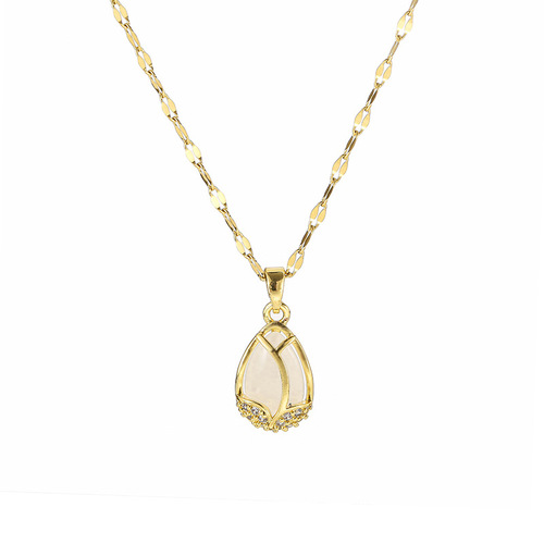 Japanese and Korean Style Light Luxury Cat's Eye Stone Tulip Pendant Titanium Steel Necklace for Women, Unique and High-End, Versatile Lockchain Jewelry