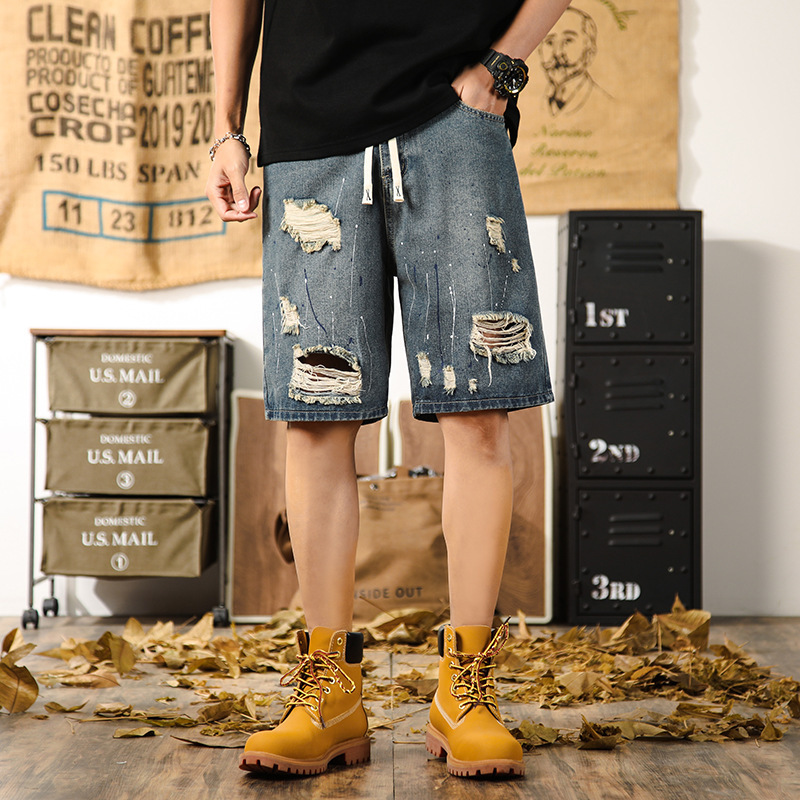 Y723 | Plus Size Men's Summer New American Inkjet Ripped Denim Shorts Men's Loose Trendy Brand Five-Point Pants