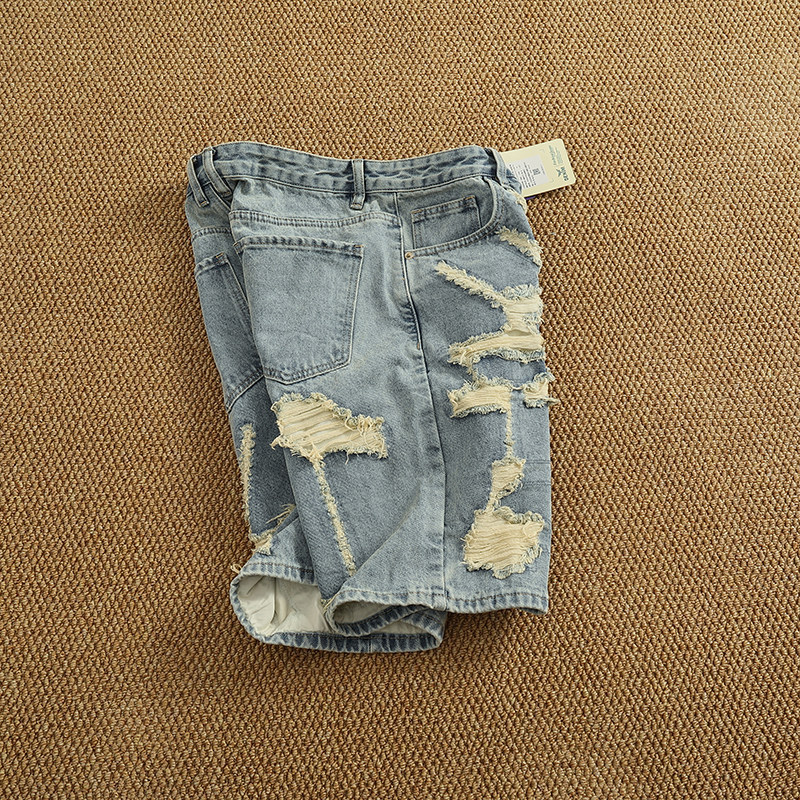 Men's Light Blue Distressed Denim Shorts Relaxed Fit Casual Summer Shorts 5-Inch Inseam_viptrois.com