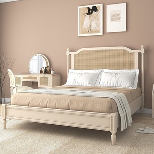 Nordic rattan bed white solid wood bed French 1.8m double bed B & B quiet retro style log bedroom furniture