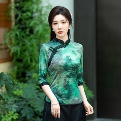 旗袍上衣中式复古民国风唐装女新中国风半袖T恤修身上衣