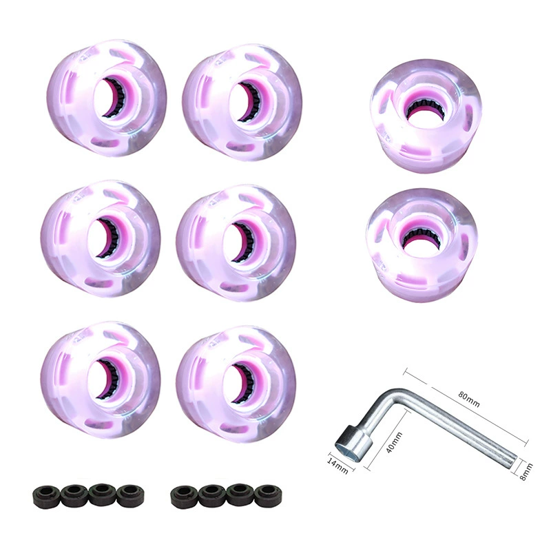 Flashing polyurethane skate wheels, 32 mm, LED motion‑activated, blue/white/pink, sets with tools