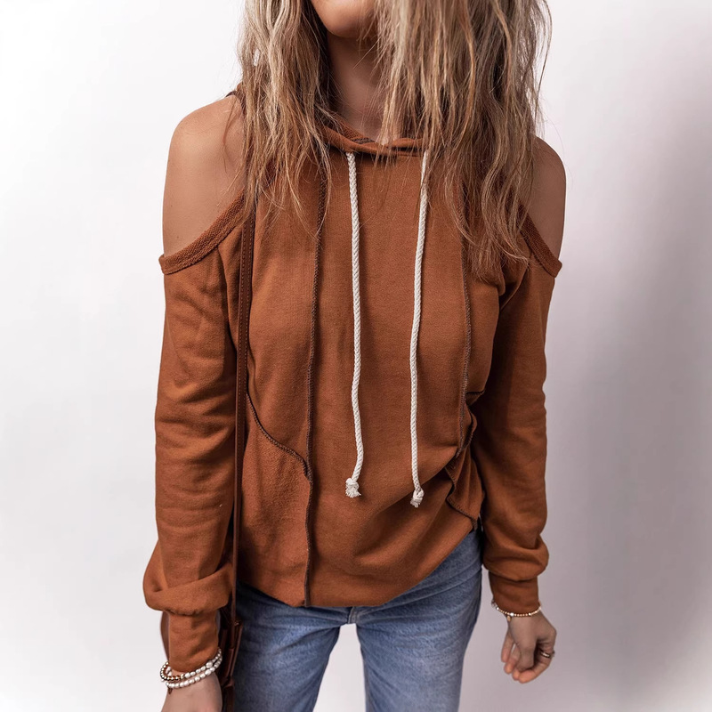 Early Autumn New Solid Color Long-Sleeved Drawstring Hoodie for Women European and American Personalized Design Off-Shoulder Sweatshirt for Women Factory Direct Sale Early Autumn New Solid Color Long-Sleeved Drawstring Hoodie for Women European and American Personalized Design Off-Shoulder Sweatshirt for Women Factory Direct Sale