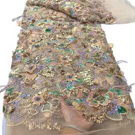 高定重手工订花流苏珠管绣亮片布料时装礼服舞台服面料beads lace