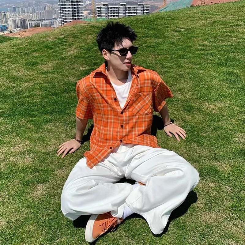 American Retro Orange Plaid Shirt Men's Short-Sleeved Summer Dopamine Wear Bright Plaid Sunscreen Shirt Jacket