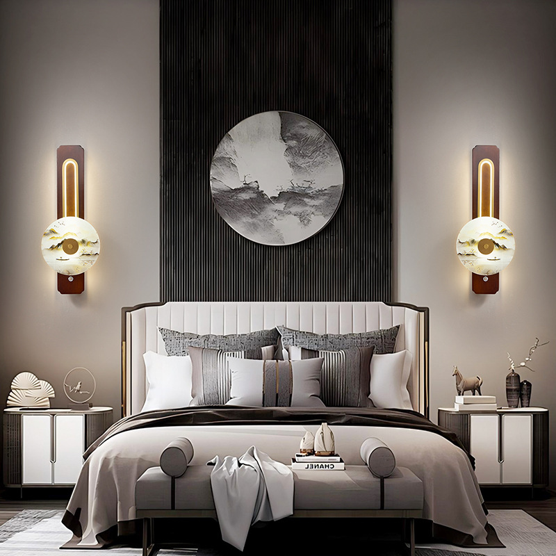 Lámpara de pared del dormitorio nuevo estilo chino atmósfera de madera maciza moderna y minimalista sala de estar fondo pared decoración de cabezal de cama lámpara 523L
