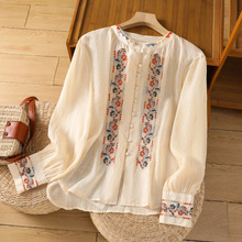 实拍复古民族风绣花长袖苎麻衬衫灯笼袖森女刺绣棉麻上衣女薄款