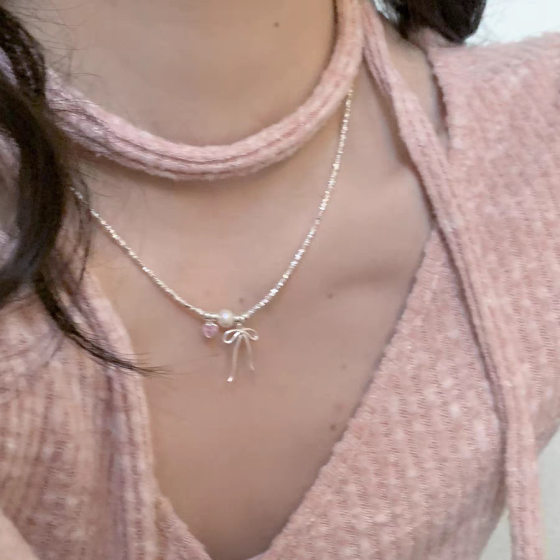 Ballet Style Bow Powder Diamond Broken Silver Necklace Women's 2024 New Super Fairy Sweet Niche Elegant Clavicle Chain Necklace Chain