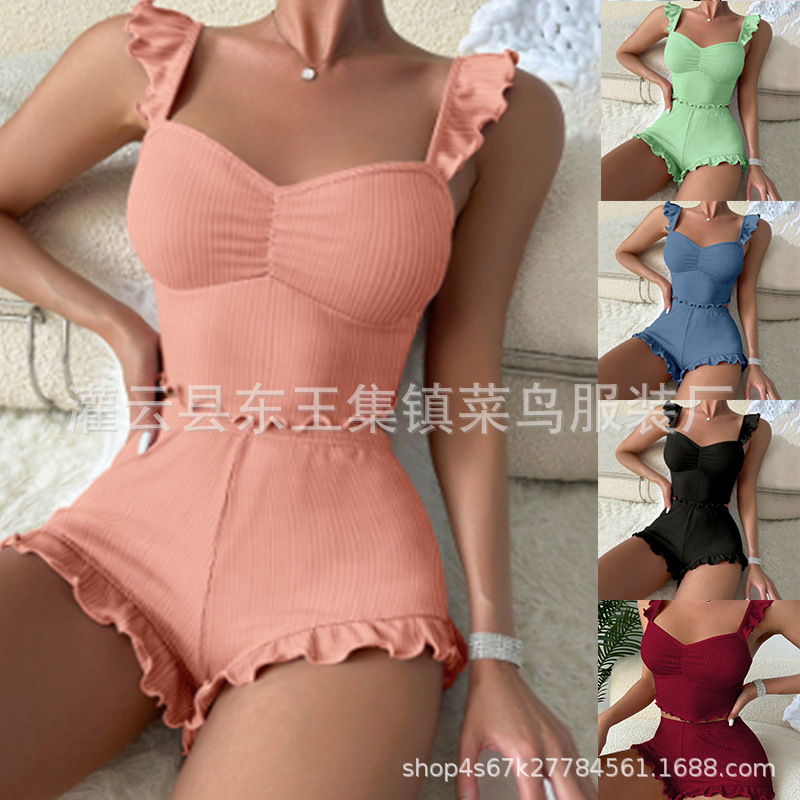 Hot-Selling Amazon Item: Sexy Spaghetti Strap Pajama Shorts, European and American Style Women's Loungewear Two-Piece Set That Can Be Worn Outside