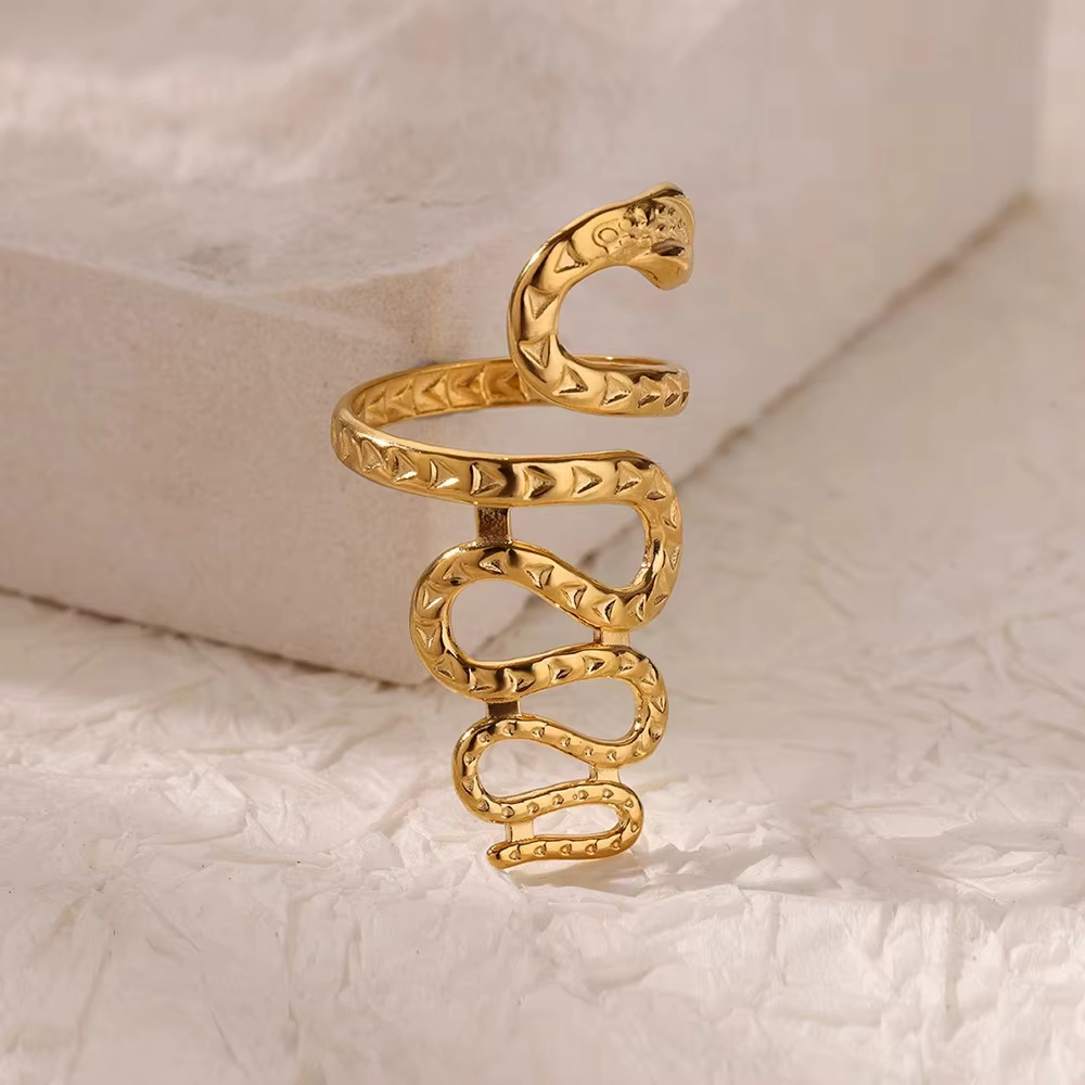 6g Weight 0.03µm Gold Plating Thickness PVD Coated Gold Plating Process 18K Real Gold Plated Plating Material Zircon Inlay Material Open Rings Classification 1 Piece Quantity Daily Occasion 304 Stainless Steel Material Snake Pattern All Seasons Season Unisex Gender Glam, Hip-Hop, Exaggerated Style Plating, Hypoallergenic Craft Glam Hip-Hop Exaggerated Snake 304 Stainless Steel Copper Plating Unisex Open Rings 15