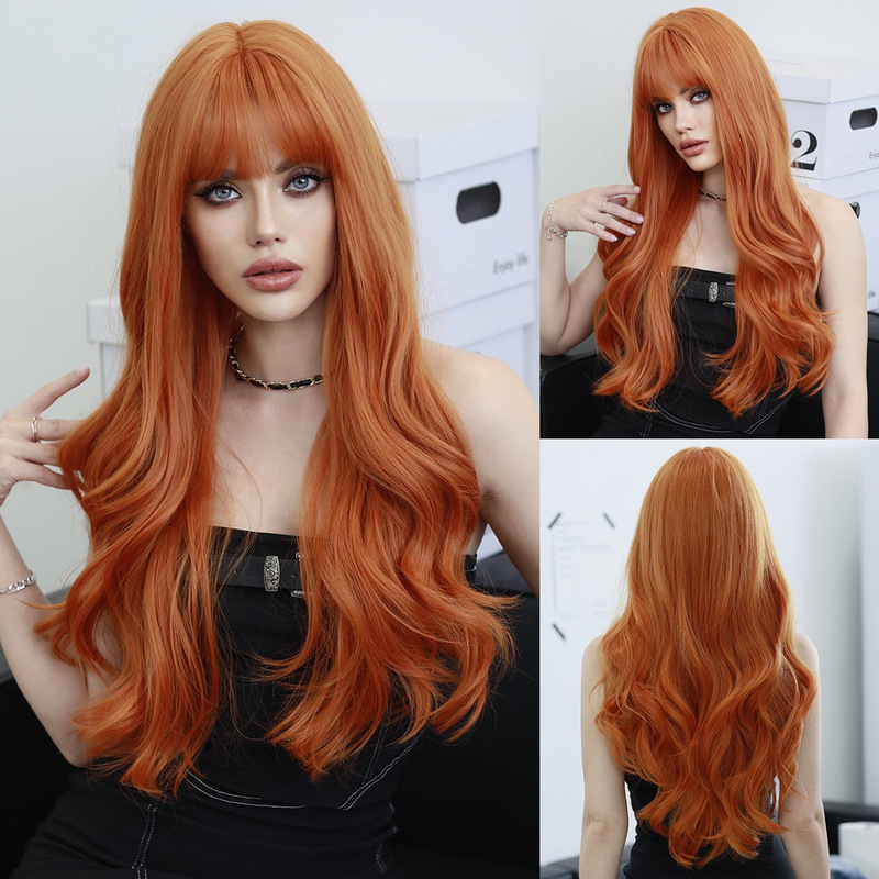 European and American ginger color women's wavy long curly hair air bangs online red blogger dress up Christmas wig headgear wholesale