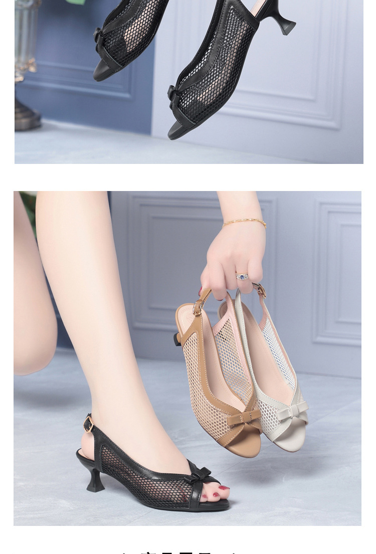 Sandal peep toe nữ gót vuông da thật, mũi hở, quai hở gót, phong cách thời trang — màu đen chi tiết 14