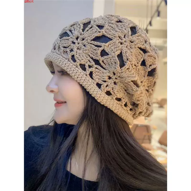 Модная вязаная теплая шапка ручной работы для маскировки седых волос, новая тонкая ажурная шапка ранней осени 2023 года для женщин.