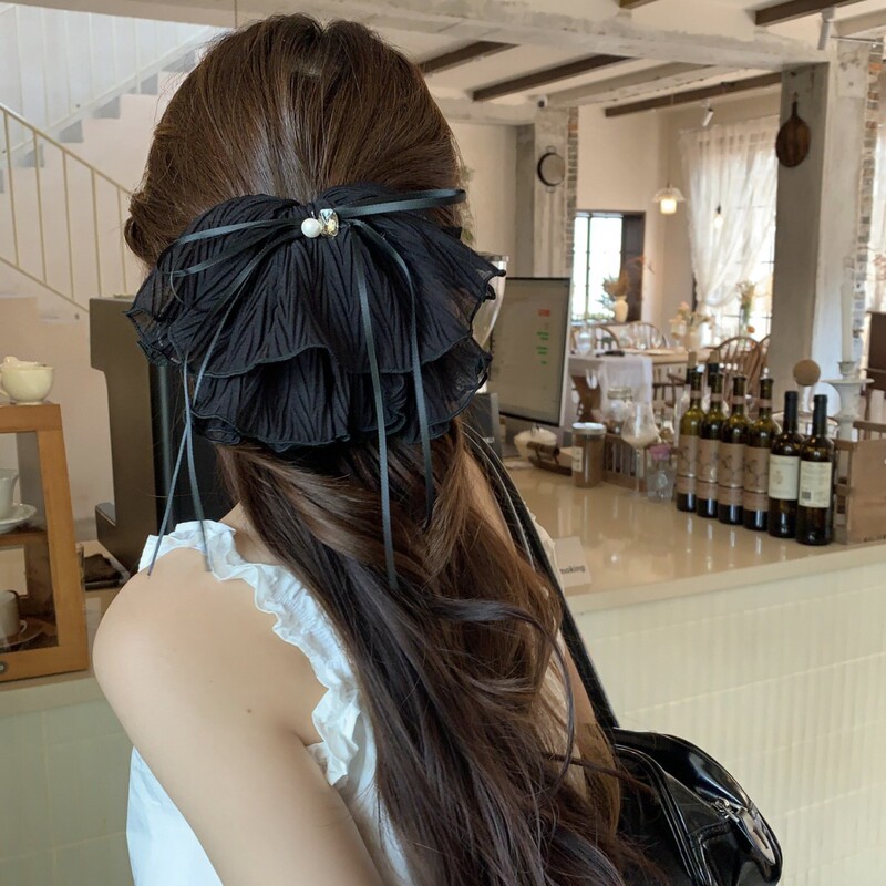 オーガンザ生地プリーツポニーテールヘアピン後頭部リボンスカートヘアピンハイエンドスプリングクリップヘアアクセサリー女性用|undefined