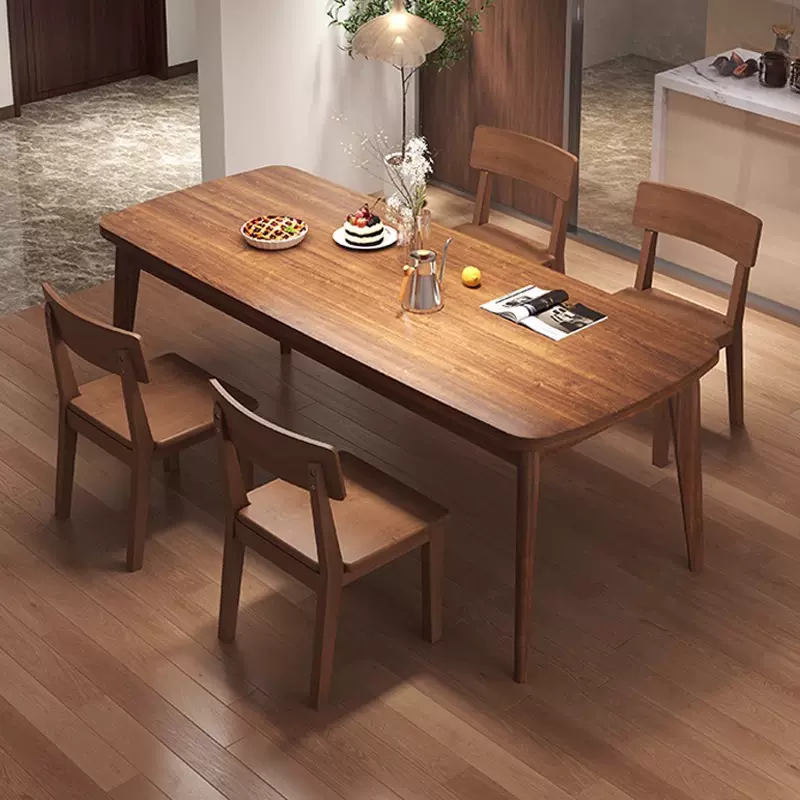 实木色餐桌椅组合家用小户型胡桃木色大板餐桌客厅桌子轻奢高级感