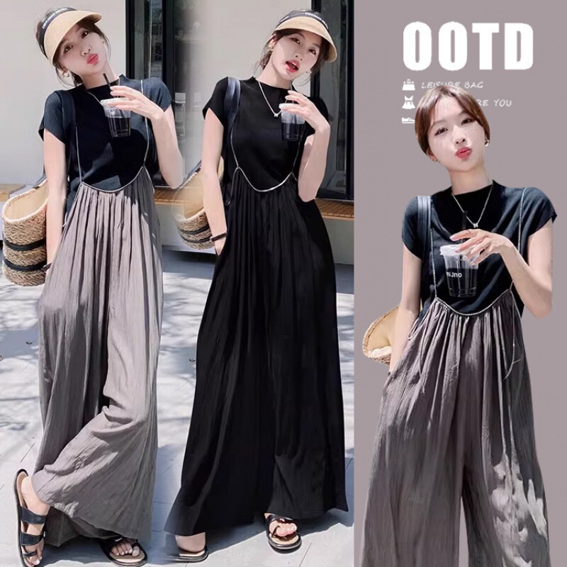 Maternity Suspender Wide-Leg Pants Suit for Women 2025 Summer New Loose Flesh-Covering Design Classy Jumpsuit Two-Piece Set