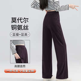 秋冬新款高个子莫代尔铜氨丝窄版阔腿裤休闲裤显瘦拼接提臀女胖MM