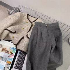 CHAO级推荐！深灰色羊绒阔腿裤女秋冬加厚高腰宽松毛呢休闲长裤子