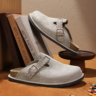 Suede Thick-Soled Toe-Cap Slippers for Outer Wear, Versatile Retro Niche Birkenstock Shoes, Open-Toe Roman Beach Shoes