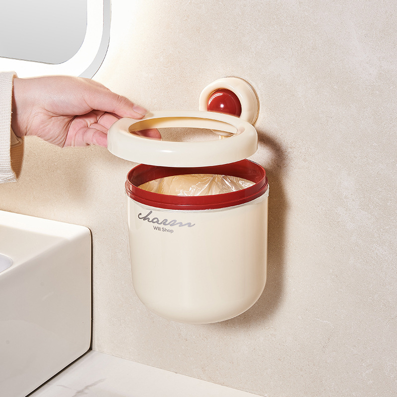 Cream wind round wall hanging trash can press ring suction wall bathroom small size paper basket vacuum suction garbage storage small box Cream wind round wall hanging trash can press ring suction wall bathroom small size paper basket vacuum suction garbage storage small box