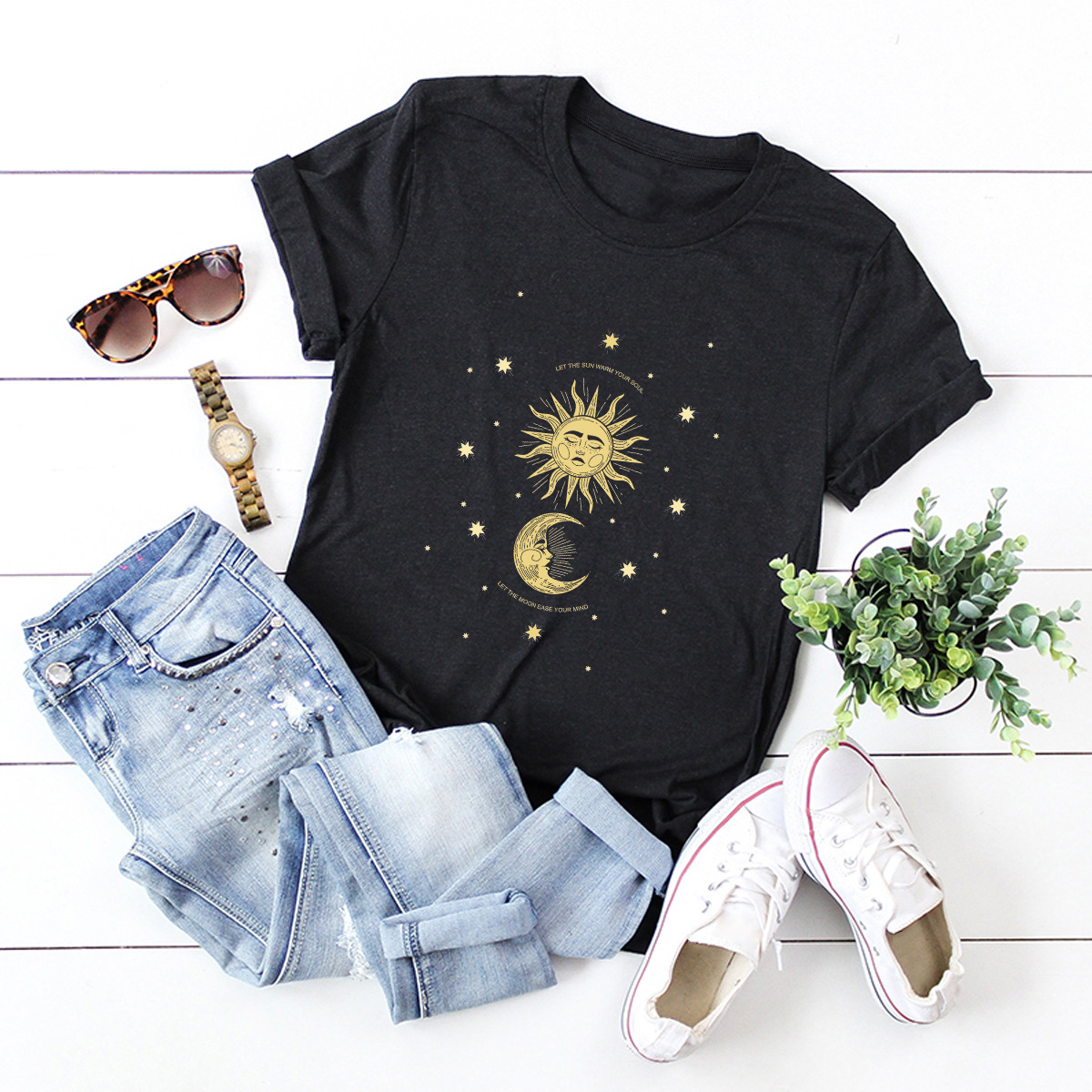 plus size sun and moon cotton short-sleeved t-shirt NSSN40864