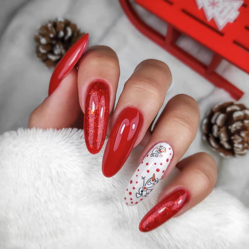 Red Glitter Snowflake Simple Cartoon Snowman Cute Oval Long French Temperament Wear Armor Foreign Trade Fake Nails Red Glitter Snowflake Simple Cartoon Snowman Cute Oval Long French Temperament Wear Armor Foreign Trade Fake Nails