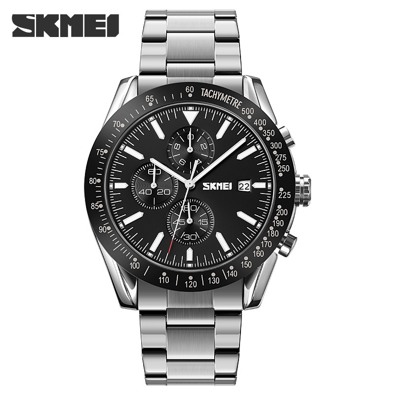SKMEI 9253 nueva cinta de acero de seis pines calendario luminoso movimiento de cuarzo cronómetro reloj cronógrafo