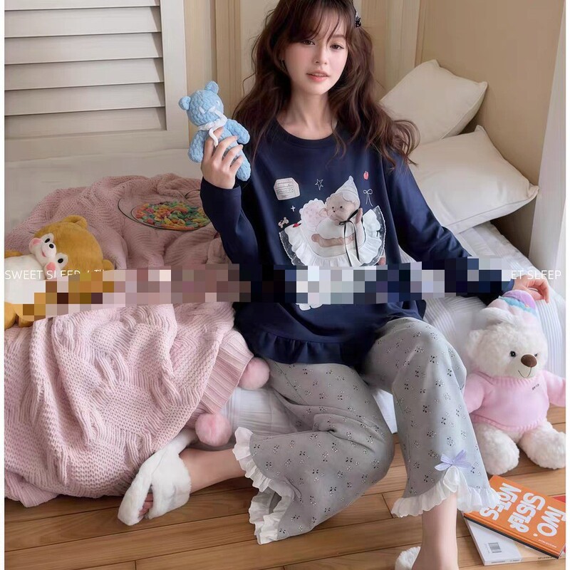 New Women's Cute Cartoon Sleeping Cat Home Clothes Pajamas Long-Sleeved Trousers Suit Can Be Worn Outside New Women's Cute Cartoon Sleeping Cat Home Clothes Pajamas Long-Sleeved Trousers Suit Can Be Worn Outside